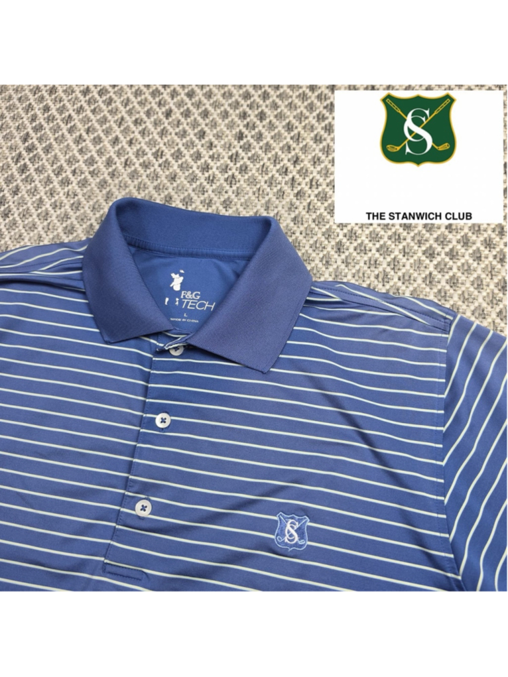 Stanwich Club F&G Tech Golf Polo Shirt Mens Large Blue Striped Performance